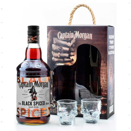 Алкогольний напій на основі Карибського рому Captain Morgan Spiced Black 1л 40% + 2 чарки