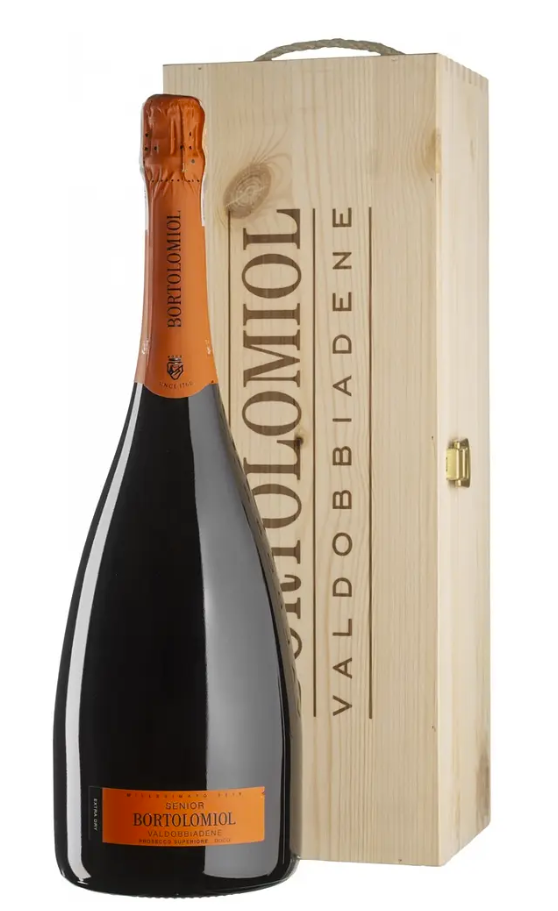 Ігристе вино Bortolomiol Senior Valdobbiadene Prosecco Superiore біле екстра-сухе в дерев'яній упаковці 1,5л 11,5%
