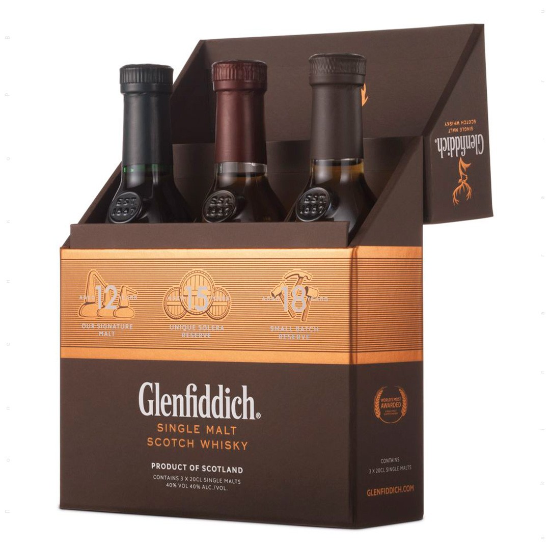 Виски однос Glenfiddich Mix Pack (3 бут по 0,2 л – 12 yo, 15 yo, 18 yo) 0,2 л 40%