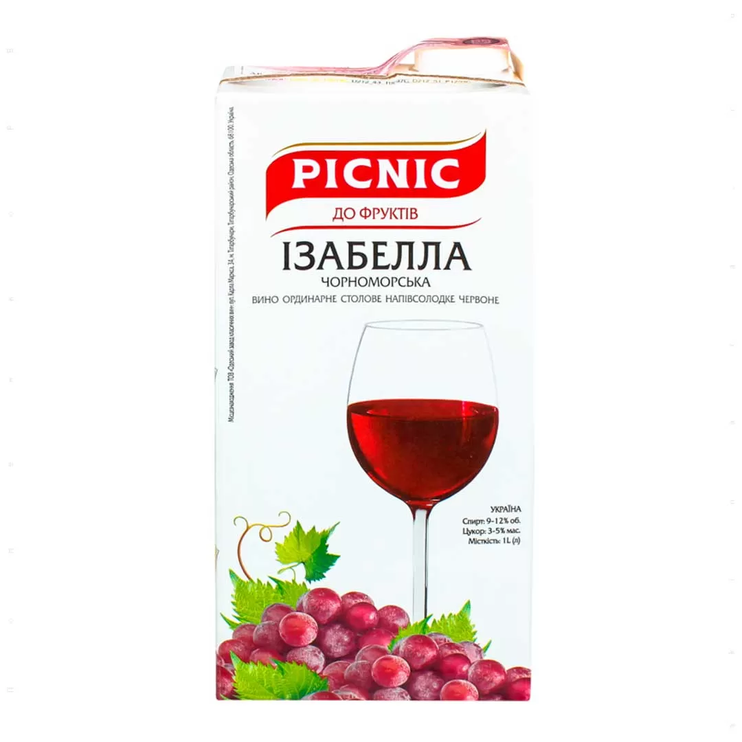 Вино Picnic Изабелла Черноморская красное полусладкое 1л 9-12%