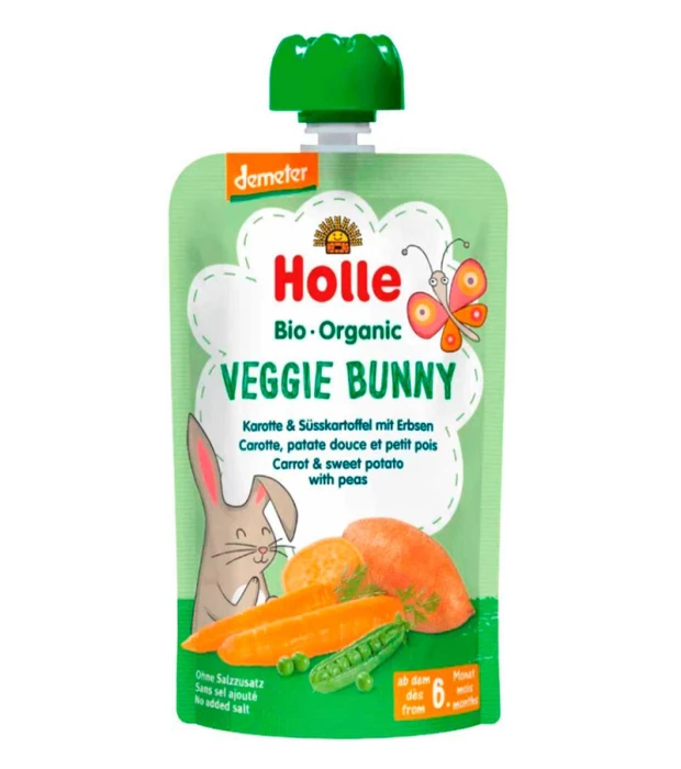 Пюре Veggie Bunny з морквою, солодкою кішкою та горошком органічне (з 6 місяців) Holle 100г
