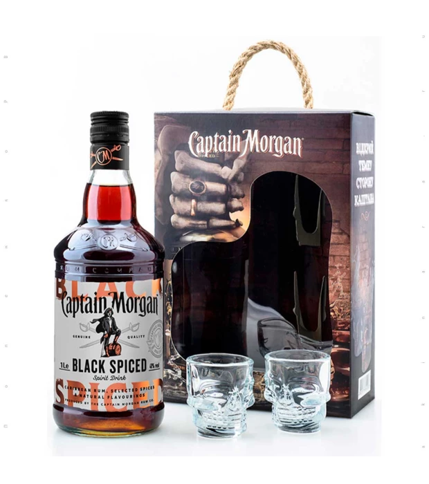 Алкогольний напій на основі Карибського рому Captain Morgan Spiced Black 1л 40% + 2 чарки