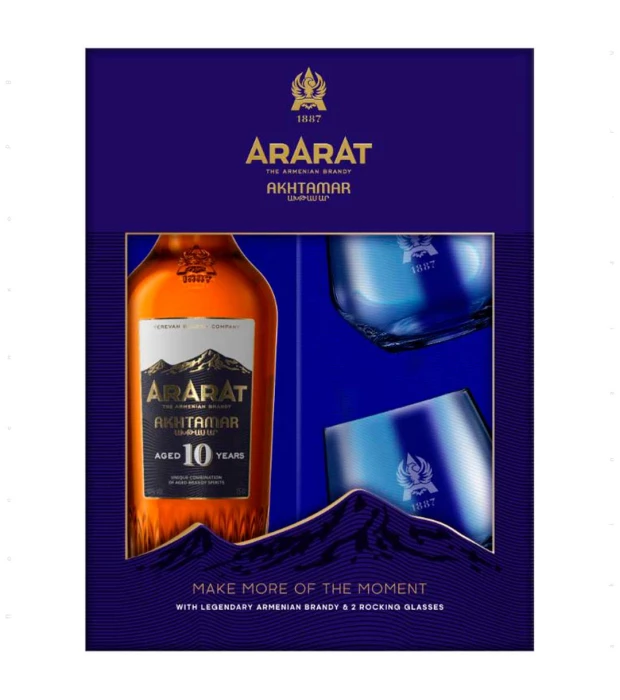 Набор бренди армянское Ararat Akhtamar 10 лет выдержки в коробке 0,5л 40% + 2 бокала