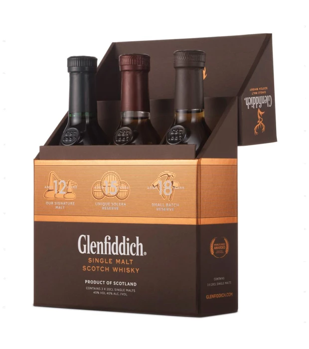 Виски однос Glenfiddich Mix Pack (3 бут по 0,2 л – 12 yo, 15 yo, 18 yo) 0,2 л 40%
