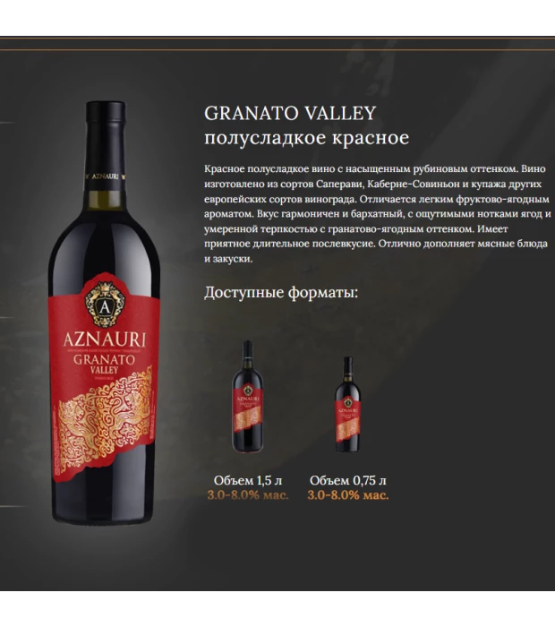 Вино Aznauri Granato Valley напівсолодке червоне 0,75л 9-13 % купити